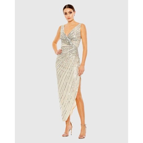 Mac Duggal Size 10 Nude Silver 5757 Sequined Sleeveless Midi Cocktail Dress New - Picture 1 of 13